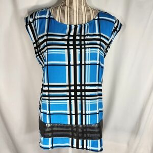 NY&CO NWOT Blue Black White Geometric Print Visible Zip Sleeveless Top Medium